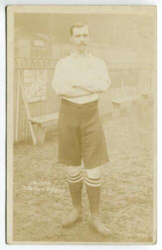 John Watson. Tottenham Hotspur 1902-1908. Sepia real photograph postcard of Watson, full length in Spurs attire. Jones Brothers of Tottenham. Some light fading to the image otherwise in good condition - footballWatson signed for Spurs in 1902, where he ma