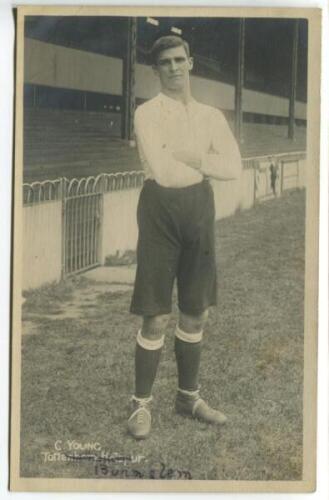 Christopher Young. Tottenham Hotspur 1912. Mono real photograph postcard of Young, full length in Spurs attire. F.W. Jones of Tottenham. Minor silvering to card edges otherwise in good/very good condition - footballYoung played four matches for Spurs