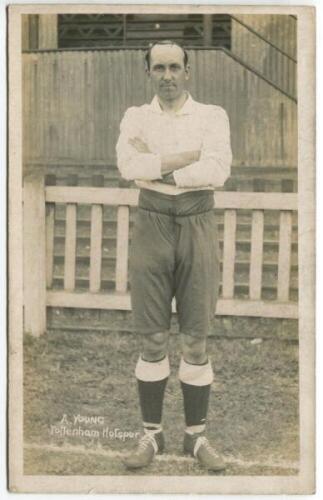 Alexander Simpson Young. Tottenham Hotspur 1911. Mono real photograph postcard of Young, full length in Spurs attire. F.W. Jones of Tottenham. Good condition - footballSandy Young played five matches for Spurs scoring three goals