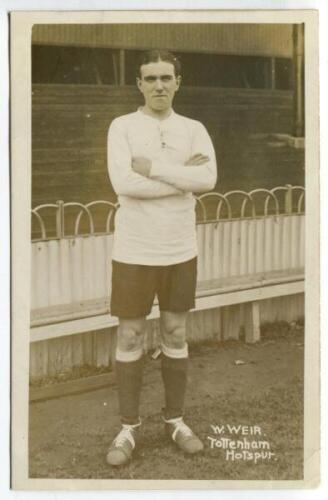 William Findlay Weir. Tottenham Hotspur 1912-1915. Sepia real photograph postcard of Weir, full length in Spurs attire, in front of the main stand. The title reads 'W.Weir. Tottenham Hotspur'. Jones Bros of Tottenham. Very good condition - footballFindlay