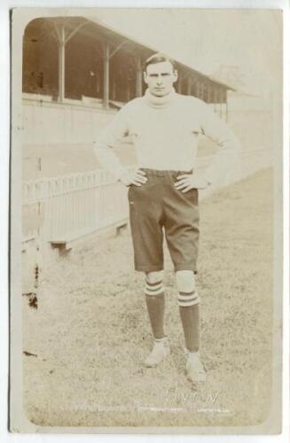 John Giles Whitbourn. Tottenham Hotspur 1905-1908. Early sepia real photograph postcard of Whitbourn, full length, in Spurs jersey. Title to lower border 'J. Whitbourn. Tottenham Hotspurs' but the club has been scratched out and 'Leyton' added. Jones Bros