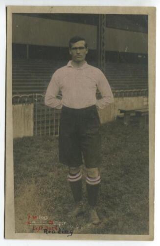 Frederick Wilkes. Tottenham Hotspur 1908-1912. Early mono real photograph postcard of Wilkes, full length, in Spurs jersey. Title to lower border 'F. Wilkes. Tottenham Hotspur' but the club name has been marked out and 'Reading' added, some of the test ov