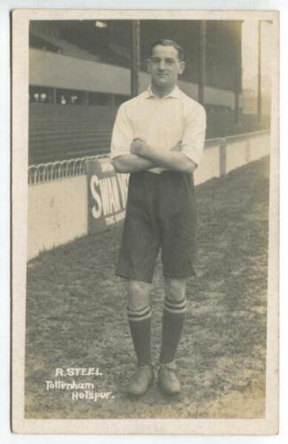 Robert Loudon Steel. Tottenham Hotspur 1908-1919. Early mono real photograph postcard of Steel, full length, in Spurs attire. Title to lower border 'R. Steel. Tottenham Hotspur'. F.W. Jones, Tottenham. Odd minor faults to postcard otherwise in good condit