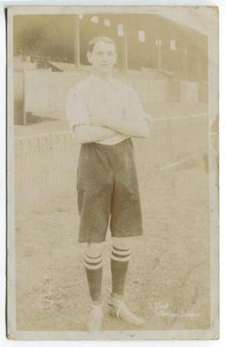 Robert Loudon Steel. Tottenham Hotspur 1908-1919. Early mono real photograph postcard of Steel, full length, in Spurs attire. Title to lower border 'R. Steel. Tottenham Hotspur'. F.W. Jones, Tottenham. Postally used, dated 1909 with references to seeing t