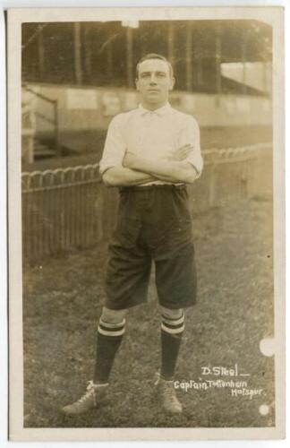 Daniel Steel. Tottenham Hotspur 1906-1912. Early mono real photograph postcard of Steel, full length, in Spurs attire Title to lower border 'D. Steel. Captain, Tottenham Hotspur'. F.W. Jones of Tottenham postcard. Postally unused. Minor surface marks othe