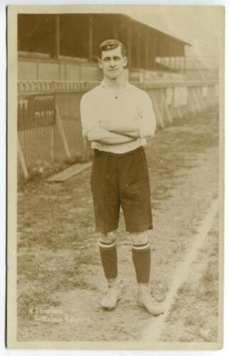 Harold Stansfield. Tottenham Hotspur 1904-1908. Early mono real photograph postcard of Stansfield, full length, in Spurs attire. Title to lower border 'H. Stansfield. Tottenham Hotspur'. Jones Bros of Tottenham postcard. Postally unused. Very minor surfac