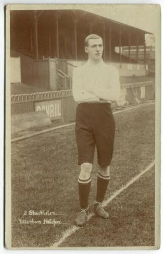 John Shackleton. Tottenham Hotspur 1905-1906. Early mono real photograph postcard of Shackleton, full length, in Spurs attire. Title to lower border 'J. Shackleton. Tottenham Hotspur'. Jones Bros of Tottenham postcard. Postally unused. Minor wear to corne