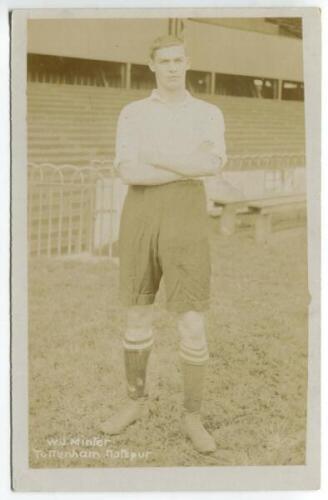 William James Minter. Tottenham Hotspur 1908-1920. Mono real photograph postcard of Minter, full length, in Spurs attire. F.W. Jones of Tottenham. Postally unused. Some light fading to image otherwise in good condition - footballBilly Minter was a player