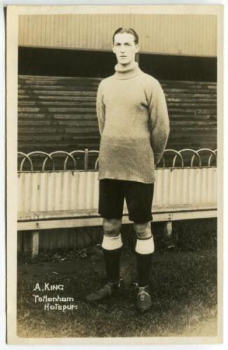 Arthur King. Tottenham Hotspur 1913-1914. Mono real photograph postcard of goalkeeper King, full length, in Spurs attire. F.W. Jones of Tottenham. Postally unused. Light marks to image otherwise in good/very good condition - footballArthur King made twent