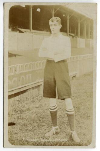 Frederick James Massey. Tottenham Hotspur 1908-1909. Early sepia real photograph postcard of Massey, full length, in Spurs attire. Jones Bros, Tottenham. Postally unused. Some light fading to image otherwise in good condition - footballFred Massey made th