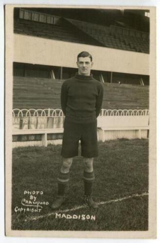 George Maddison. Tottenham Hotspur 1922-1923. Mono real photograph postcard of goalkeeper Maddison, full length, in Spurs attire. Photo by Crawford of Edmonton. Published by Jones Bros, Tottenham. Postally unused. Good/very good condition - footballGeorge