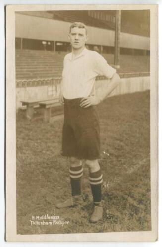 Herbert Middlemiss. Tottenham Hotspur 1908-1919. Early sepia real photograph postcard of Middlemiss, full length, in Spurs attire looking straight ahead. F.W.Jones, Tottenham. Postally unused. Good condition - footballBert Middlemiss was an outside left w