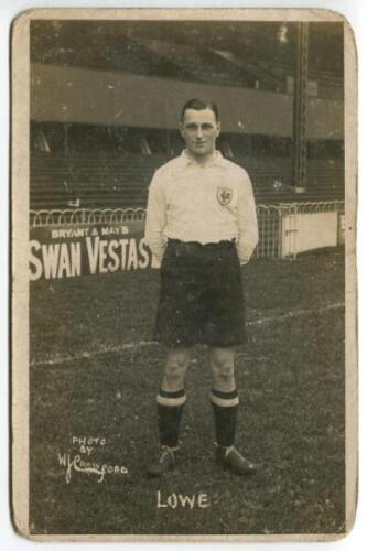 Horace Lowe. Tottenham Hotspur 1914-1927. Early mono real photograph postcard of Lowe, full length, in Spurs attire. 'W.J. Crawford of Edmonton'. Some wear to edges and corners and some soiling to the postcard otherwise in good condition Postally unused 