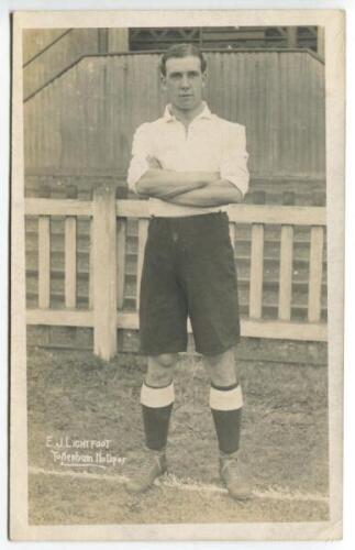 Edward John Lightfoot. Tottenham Hotspur 1911-19115. Early mono real photograph postcard of Lightfoot, full length, in Spurs attire. F.W. Jones of Tottenham. Postally unused. Good/very good condition - footballTeddy Lightfoot made eight three appearances 