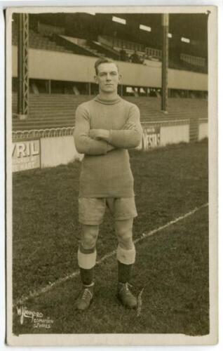 William Jaques. Tottenham Hotspur 1914-1922. Early mono real photograph postcard of goalkeeper Jaques, full length, in Spurs attire. 'B.&amp;M. Muer' printed to back of card. Postally unused. Good condition - footballBill Jaques signed for Tottenham from 