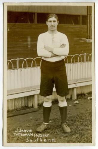 John Jarvie. Tottenham Hotspur 1912-1913. Early sepia real photograph postcard of Jarvie, full length, in Spurs attire. F.W. Jones of Tottenham. Title to card 'J. Jarvie. Tottenham Hotspur'. The club name has been crossed through and 'Southend' written be