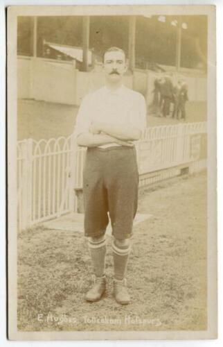 Edward Hughes. Tottenham Hotspur 1899-1908. Early mono real photograph postcard of Hughes, full length, in Spurs shirt. Title to lower border 'E. Hughes. Tottenham Hotspurs'. Jones Bros of Tottenham Postally unused. Some light fading to image otherwise in