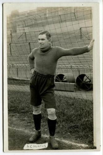 Alexander Campbell Hunter. Tottenham Hotspur 1920-1922. Mono real photograph postcard of goalkeeper Hunter, full length, in Spurs jersey leaning on a goal post. Publisher unknown. Postally unused. Good/very good condition - footballAlex Hunter joined Tott