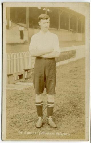 Walter Eames. Tottenham Hotspur 1906-1907. Sepia real photograph postcard of Eames, full length, in Spurs attire. Appears to be a W.J. Crawford' of Edmonton postcard. Postally unused. Good condition - footballEames played thirteen matches for Tottenham sc