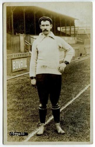 John Eggett. Tottenham Hotspur 1904-1907. Sepia real photograph postcard of goalkeeper Eggett, full length, in Spurs attire wearing cap. Publisher unknown. Postally unused. Odd minor faults otherwise in good condition - footballEggett played 119 matches f