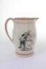 'The Cricket Match'. A 19th century creamware 'Pickwick Papers' water jug. A tall jug featuring two scenes from the book including Joe 'the Fatboy' being stumped whilst batting and the other of an overweight woman walking to the match with a friend. Decor - 2