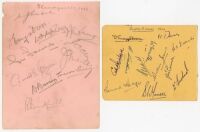 Glamorgan C.C.C. 1933 and 1954. Two album pages, one signed in pencil by eleven members of the 1933 Glamorgan team, the other twelve in ink of the 1954 team. Signatures include M.J.L. Turnbull, D.E. Davies, W.G. Morgan, A.H. Dyson, J. Mercer, R.G. Duckfie