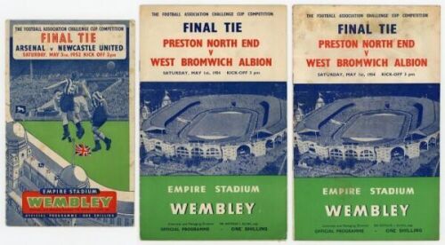 F.A. Cup Finals 1952 and 1954. Official programme for the 1952 Final, Arsenal v Newcastle United, and two for the 1954 Final, Preston North End v West Bromwich Albion. Some soiling and spotting to two programmes, otherwise in good condition - footballNewc