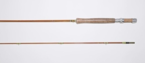 A Pezon et Michel (Farlow’s) “Super Parabolic Fario Club" trout fly rod, 8’5", #5/6, green/crimson tipped silk wraps, alloy screw grip reel fitting, staggered ferrule, suction joint, light use only, in bag