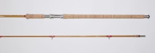 A fine Hardy “No.2 LRH Spinning" 2 piece cane salmon spinning rod, 9’6", scarlet/green tipped silk wraps, alloy screw grip reel fitting, suction joint, 1976, as new condition, in bag