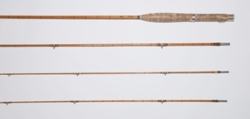 A Hardy “Hololite" 3 piece (2 tips) cane trout fly rod, 8’, gold/black tipped silk wraps, gold inter-whippings, gold anodised sliding alloy reel fitting, suction joints, cork handle with wear, 1959, in bag