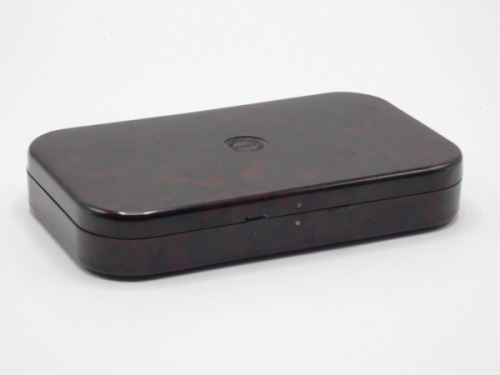 A good Hardy Neroda No.4 Mayfly bakelite box, oxblood finish, cream painted interior fitted fourteen compartments beneath five celluloid sliding lids, excellent overall condition, 1940’s
