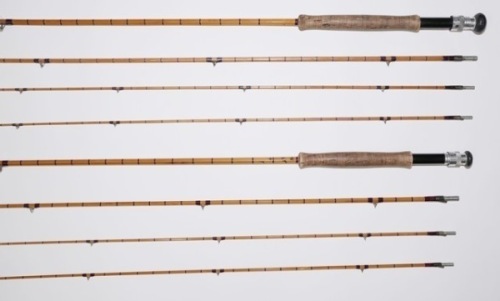 A Hardy “Gold Medal" 3 piece (2 tips) cane trout fly rod, 9’6", crimson silk inter-whipped, alloy screw grip reel fitting, lockfast joints, 1957, in bag and a similar Hardy “Gold Medal" rod, 9’6", 1958, in bag (2)