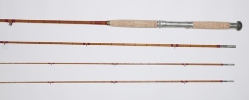 A good H.L. Leonard “The Leonard" 3 piece (2 tips) cane salmon fly rod, 13’, crimson silk inter-whipped, nickel silver patent screw grip reel fitting, agate lined butt ring, bronze snake eyes, nickel silver suction ferrules, little used condition, in bra