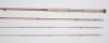 A good H.L. Leonard “The Leonard" 3 piece (2 tips) cane salmon fly rod, 13’, crimson silk inter-whipped, nickel silver patent screw grip reel fitting, agate lined butt ring, bronze snake eyes, nickel silver suction ferrules, little used condition, in bra