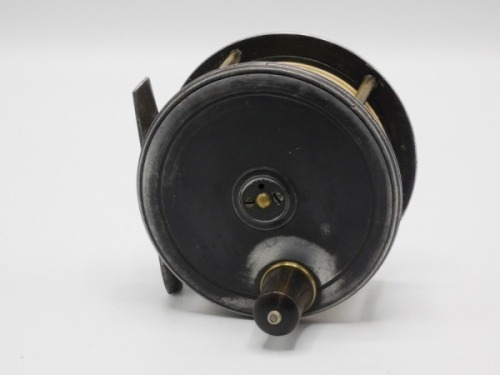 A Farlow Patent Lever 3 ¾" alloy salmon fly reel and block leather case, waisted horn handle, block foot, quadruple brass cage pillars, rear raised tension adjuster, script engraved makers details, wear from normal use, circa 1905