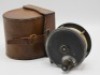 A Farlow Patent Lever 3 ¾" alloy salmon fly reel and block leather case, waisted horn handle, block foot, quadruple brass cage pillars, rear raised tension adjuster, script engraved makers details, wear from normal use, circa 1905 - 3