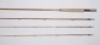 A fine Thomas & Thomas “Salmon" 3 piece (2 tips) cane single handed salmon fly rod, 9’, #9, clear/crimson tipped silk wraps, olivewood reel seat with nickel silver screw grip fitting, swollen butt section, suction joints, serial no. 3940, little used con