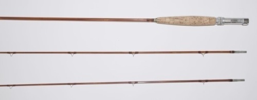 An Orvis “Salmon" 2 piece (2 tips) impregnated cane single handled salmon fly rod, 8’6", 5 ?oz., mid tan silk wraps, alloy screw grip reel fitting, suction joint, used condition, in bag and alloy tube