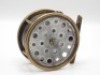 An extremely rare transitional Hardy Brass Perfect 1896 alloy drummed 4 1/4" salmon fly reel, domed ivorine handle, block foot with nine perforations, strapped rim tension screw and early calliper spring check mechanism, open ball race with phosphor bro - 2