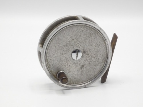 A Hardy Fly Reel 3 3/8" trout fly reel, solid drum with ebonite handle and domed steel locking screw, brass foot, fixed Mk.I check mechanism, backplate stamped make and model details, wear from normal use, circa 1940
