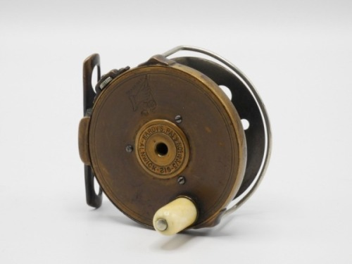 A rare Hardy 1891 Brass Perfect 2 ¾" trout fly reel, domed ivorine handle, stancheon foot, pierced three holes and stamped “56", nickel silver wire Bickerdyke half line guide mounted on two raised rim lugs, strapped rim tension screw and early calliper s