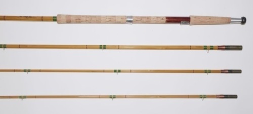 A fine Farlow’s “Spey Fly 1840-1990" limited edition 3 piece two tips cane salmon fly rod, 16’, #9/10, green silk wraps, tan inter-whippings, wooden reel seat with sliding alloy fitting, agate lined butt and tip rings, suction joints, no. 104 and initial