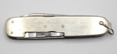 A scarce Hardy No.3 Angler’s Knife, fitted seven G. Butler, Sheffield steel tools, nickel silver side plates stamped model and address details, hinged shackle, circa 1930