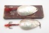 Two Hardy Pearl Spoon 3" baits, each with red painted twisted wire spindle and rear treble hook with prismatic hair decoration, both in unused condition and with paper model label still attached to blade interior, in Hardy Ideal Phantom card box, circa 1