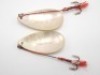 Two Hardy Pearl Spoon 3" baits, each with red painted twisted wire spindle and rear treble hook with prismatic hair decoration, both in unused condition and with paper model label still attached to blade interior, in Hardy Ideal Phantom card box, circa 1 - 2