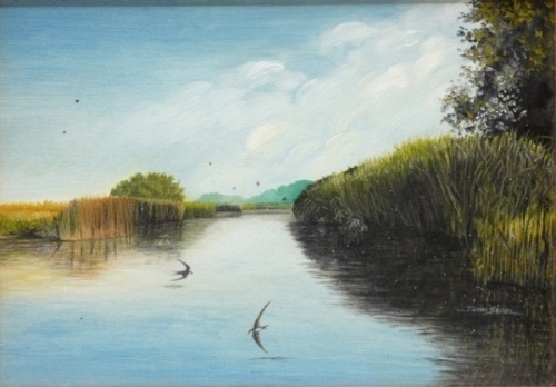 Searl John: River Stour at Manor Farm, oil on canvas, signed, in gilt frame, image 9 1/2" x 13 1/2"