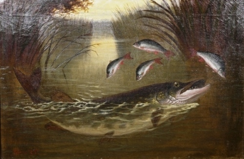Roland Knight A.: “Jack’s Breakfast", depicting a pike attacking roach amongst reeds, oil on canvas, signed, verso titled, in gilt frame, canvas 15 1/2" x 23 1/2" (see illustration)