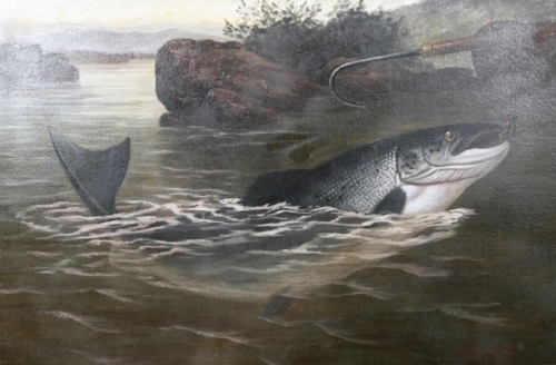 Roland Knight A.: “Twixt Life and Death" depicting a salmon coming to the gaff in rocky river landscape, oil on canvas, signed, verso titles, in gilt frame, canvas 15 1/2" x 23 1/2", matching pair to above lot (see illustration)