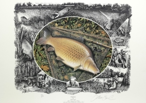 John Searl: Clarissa, limited edition coloured print depicting Richard Walker’s 44lbs British record carp no. 95/250, pencil signed to margin and the matching print “The Bishop" depicting Chris Yate’s 51lbs 8ozs British record carp, ltd. ed. no. 95/250, f