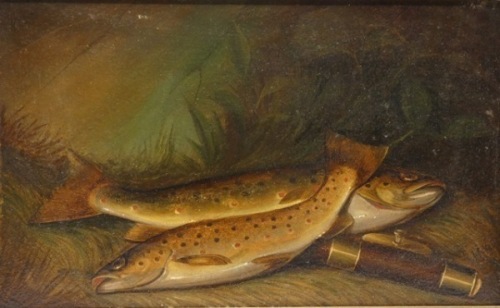 J.S. Kell: Still life study of two Brown Trout, lain beside a green heart rod in grassy bankside setting, oil on canvas, signed and dated ’59, gilt frame, canvas 9 1/4 x 15 1/4"